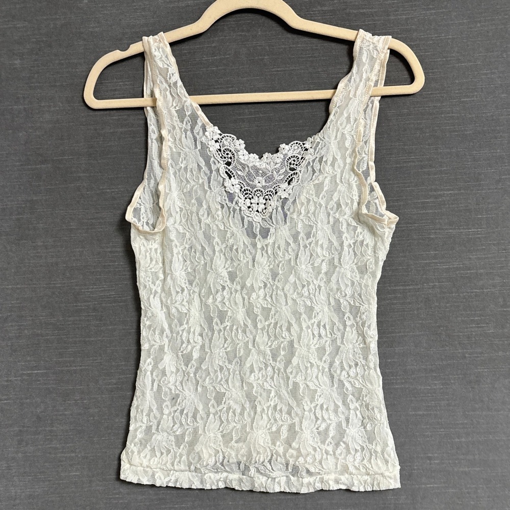 Vintage Cinema Top M Cream Lace Stretch Sheer Tank Coquette Lingerie 90s y2k